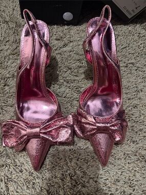 Metallic Pink Bow Pointed-Toe Slingback Heels